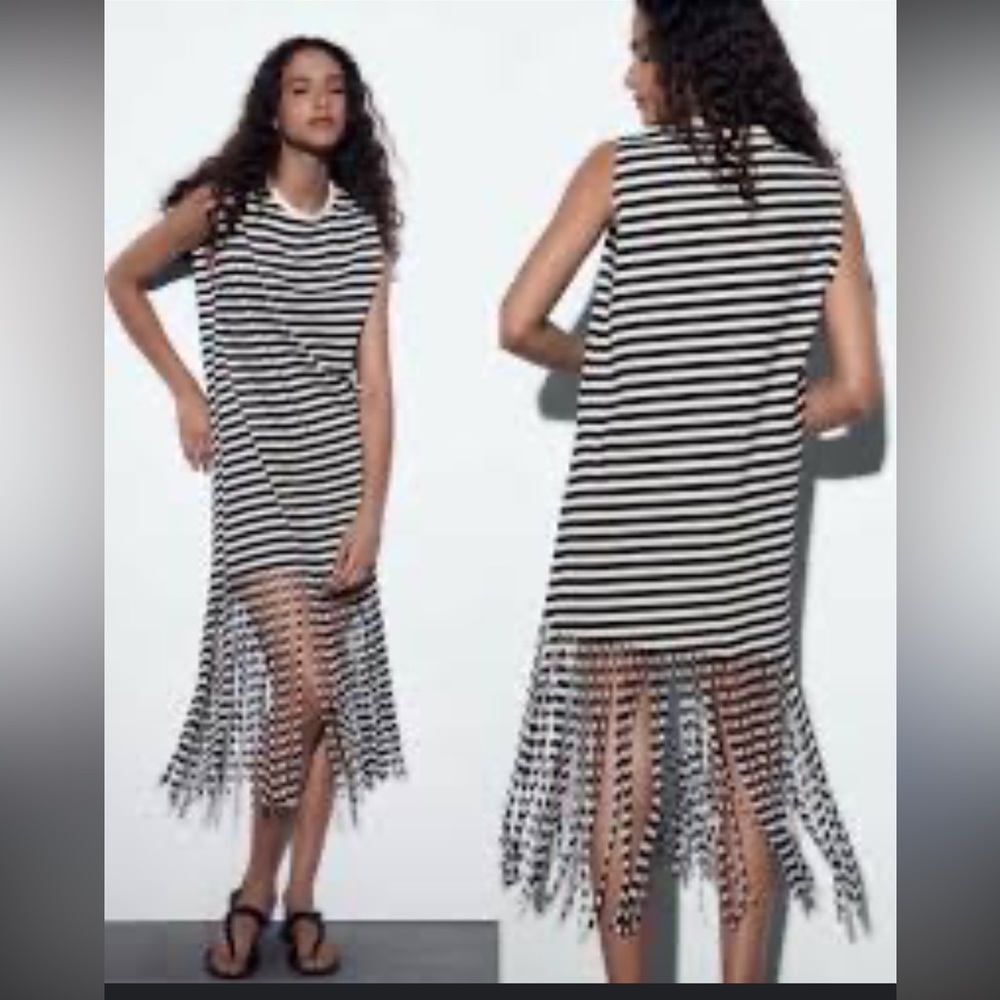 ZARA black/white striped fringed midi dress size S